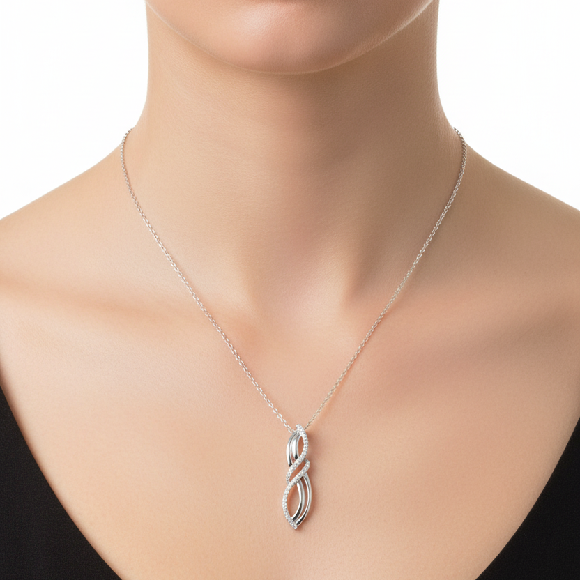 925 Sterling Silver Twisted Wave CZ Pendant Necklace