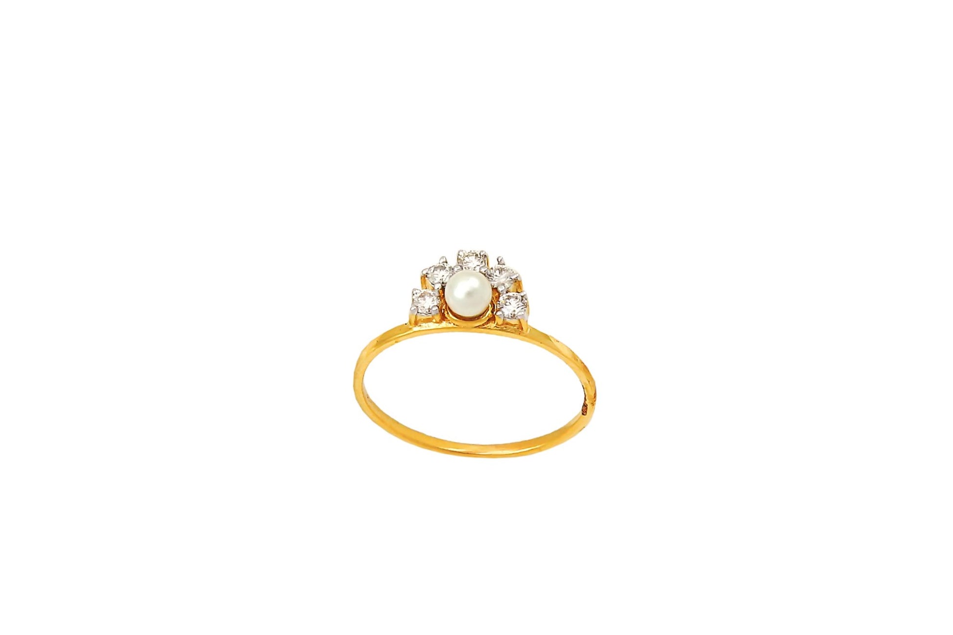 Yellow Gold Ring Half Circle setting with Five Diamonds and one Pearl14k TDW:0.2ct 1.46gr