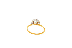 Yellow Gold Ring Half Circle setting with Five Diamonds and one Pearl14k TDW:0.2ct 1.46gr