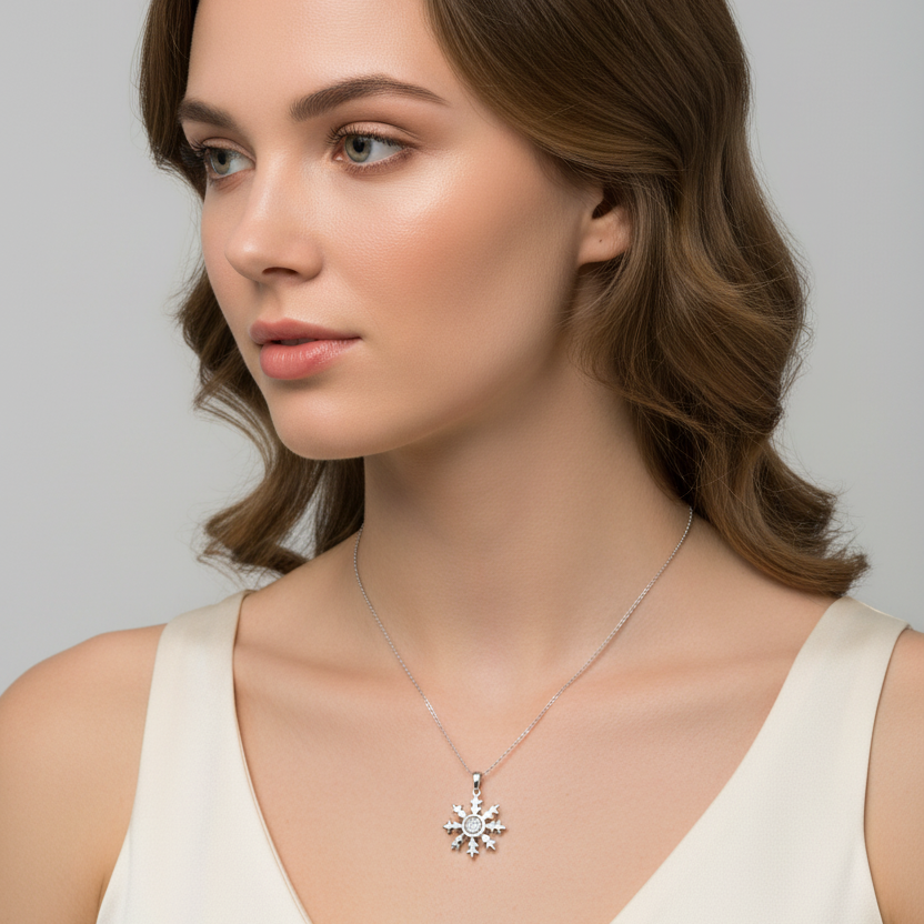 925 Sterling Silver Diamond Snowflake Spinner Pendant Necklace