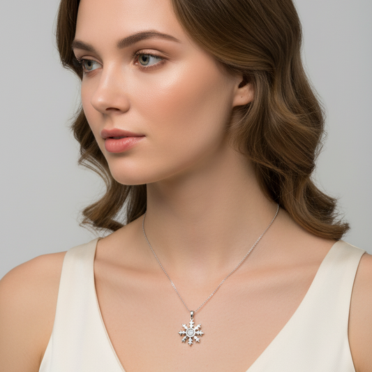 925 Sterling Silver Diamond Snowflake Spinner Pendant Necklace