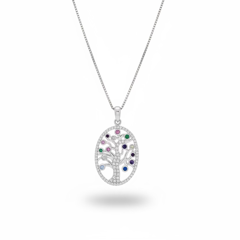 925 Sterling Silver Multicolor CZ Tree of Life Pendant Necklace