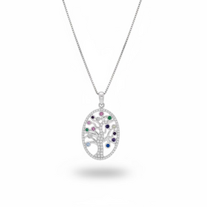 925 Sterling Silver Multicolor CZ Tree of Life Pendant Necklace