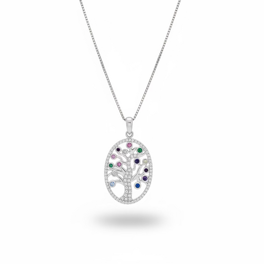 925 Sterling Silver Multicolor CZ Tree of Life Pendant Necklace