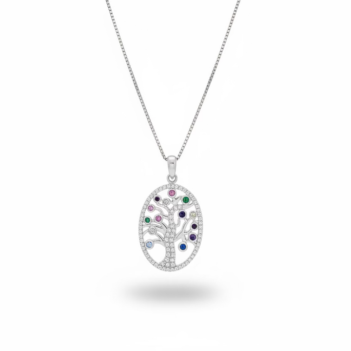 925 Sterling Silver Multicolor CZ Tree of Life Pendant Necklace