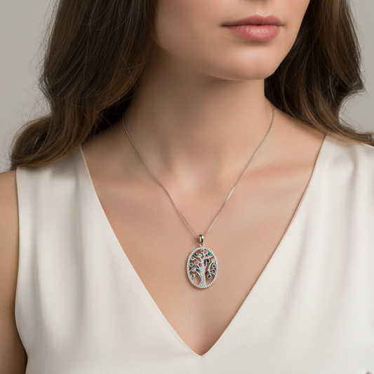 925 Sterling Silver Multicolor CZ Tree of Life Pendant Necklace