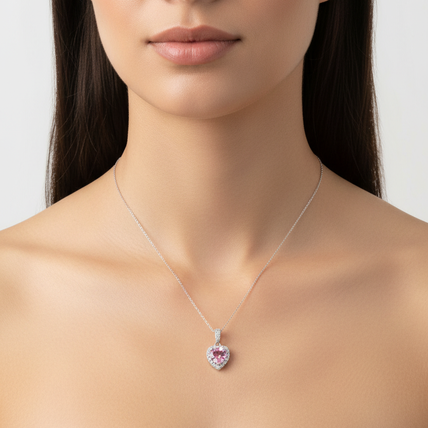 925 Sterling Silver Pink CZ Heart Pendant Necklace