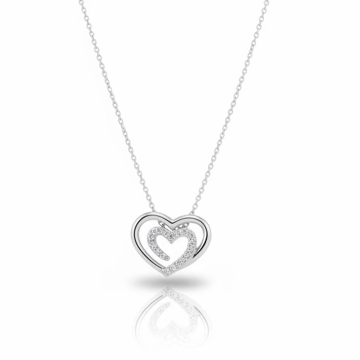 925 Sterling Silver Diamond Double Heart Pendant Necklace