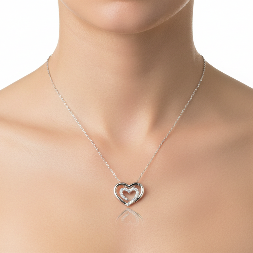 925 Sterling Silver Diamond Double Heart Pendant Necklace