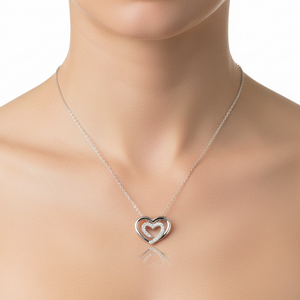 925 Sterling Silver Diamond Double Heart Pendant Necklace