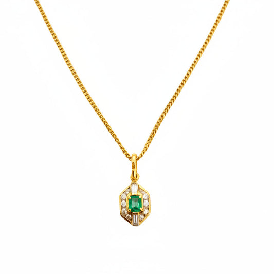 18k Yellow Gold Art Deco-Inspired Emerald and Diamonds Pendant Necklace, E: 0.15ct, TDW: 0.2ct SI GH