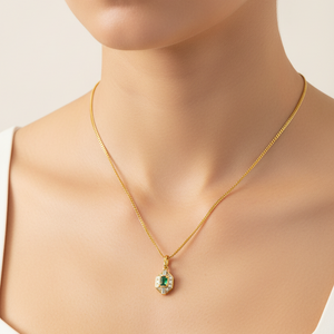 18k Yellow Gold Art Deco-Inspired Emerald and Diamonds Pendant Necklace, E: 0.15ct, TDW: 0.2ct SI GH