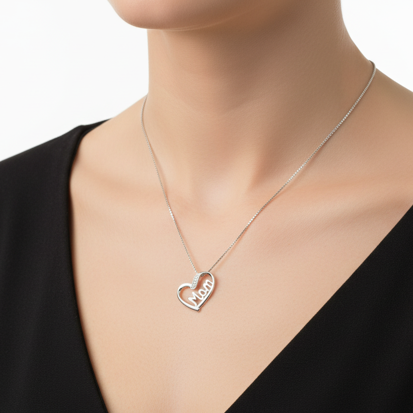 925 Sterling Silver Diamond “Mom” Pendant Necklace