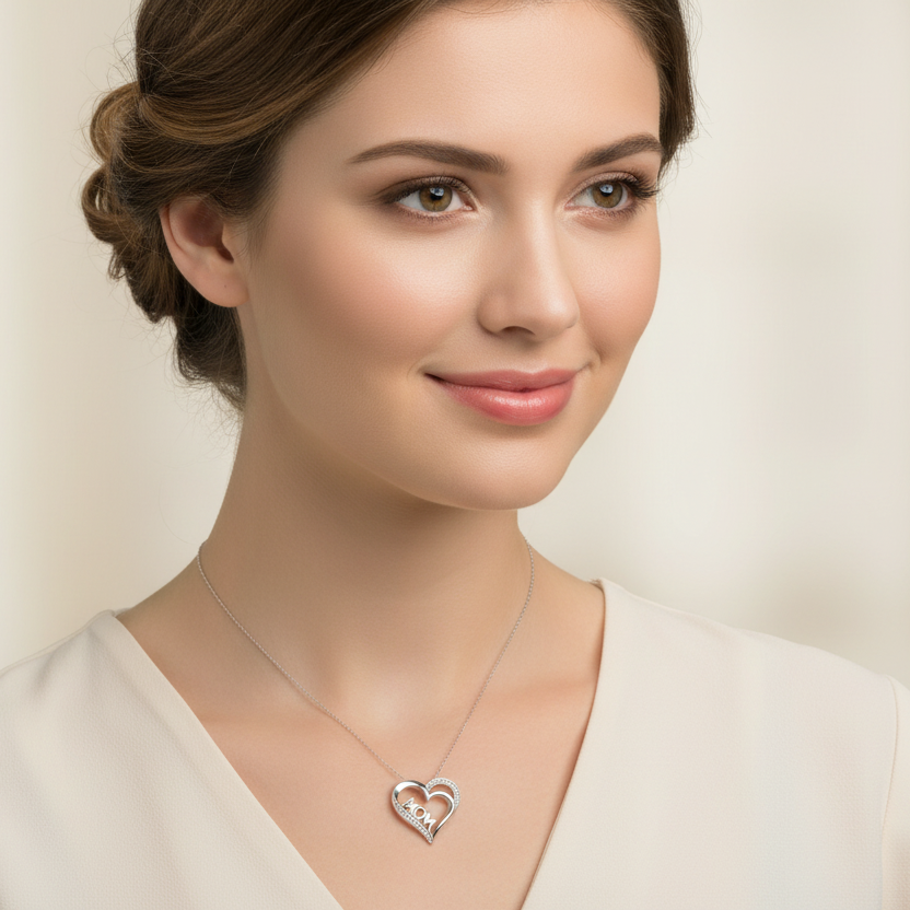 925 Sterling Silver Diamond Pavé “Mom” Pendant Necklace