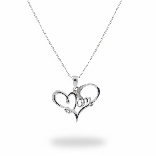 925 Sterling Silver Diamond Script “Mom” Pendant Necklace