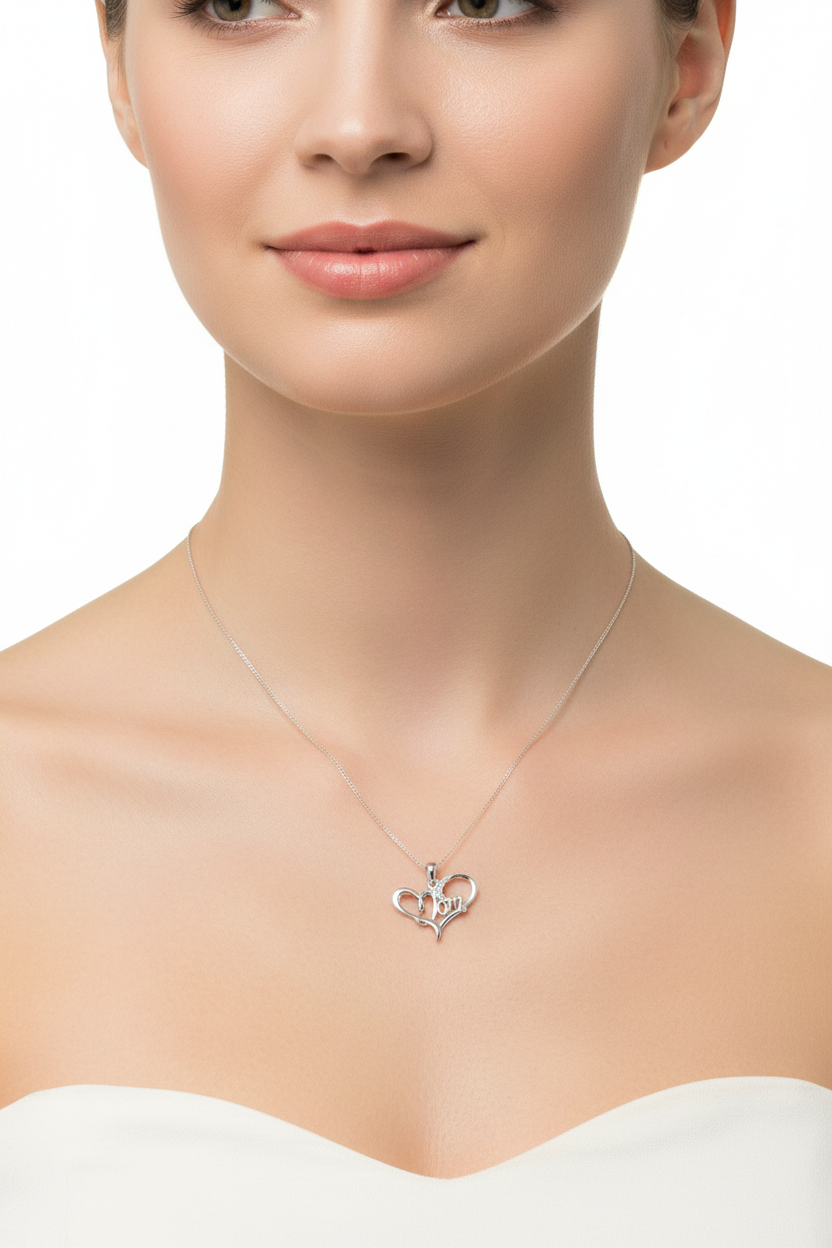 925 Sterling Silver Diamond Script “Mom” Pendant Necklace