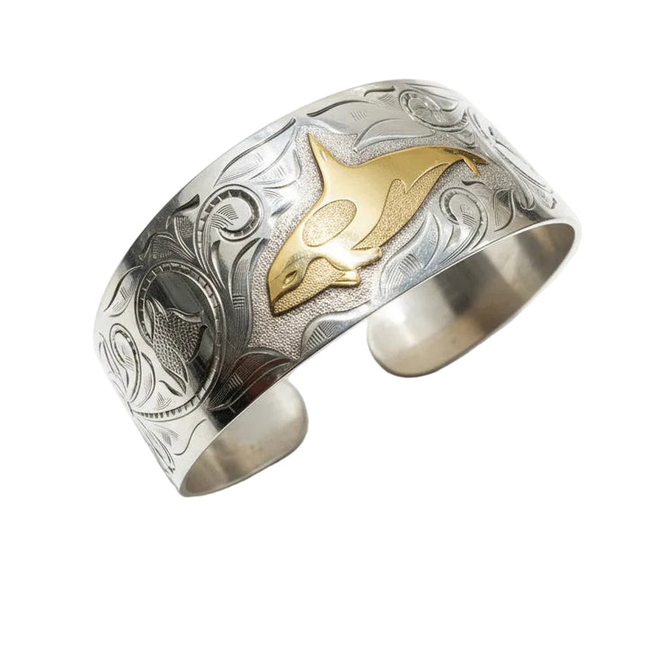 925 Sterling Silver First Nations with 10K Gold Whale Engraved Bangle