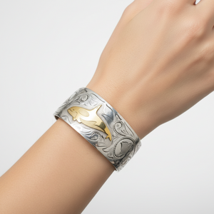 925 Sterling Silver First Nations with 10K Gold Whale Engraved Bangle