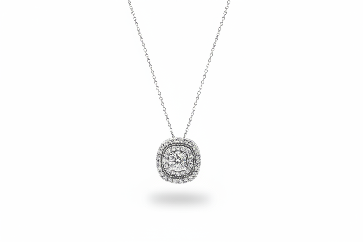 925 Sterling Silver CZ Center Diamond Halo Statement Necklace