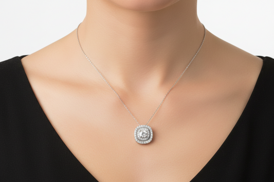 925 Sterling Silver CZ Center Diamond Halo Statement Necklace