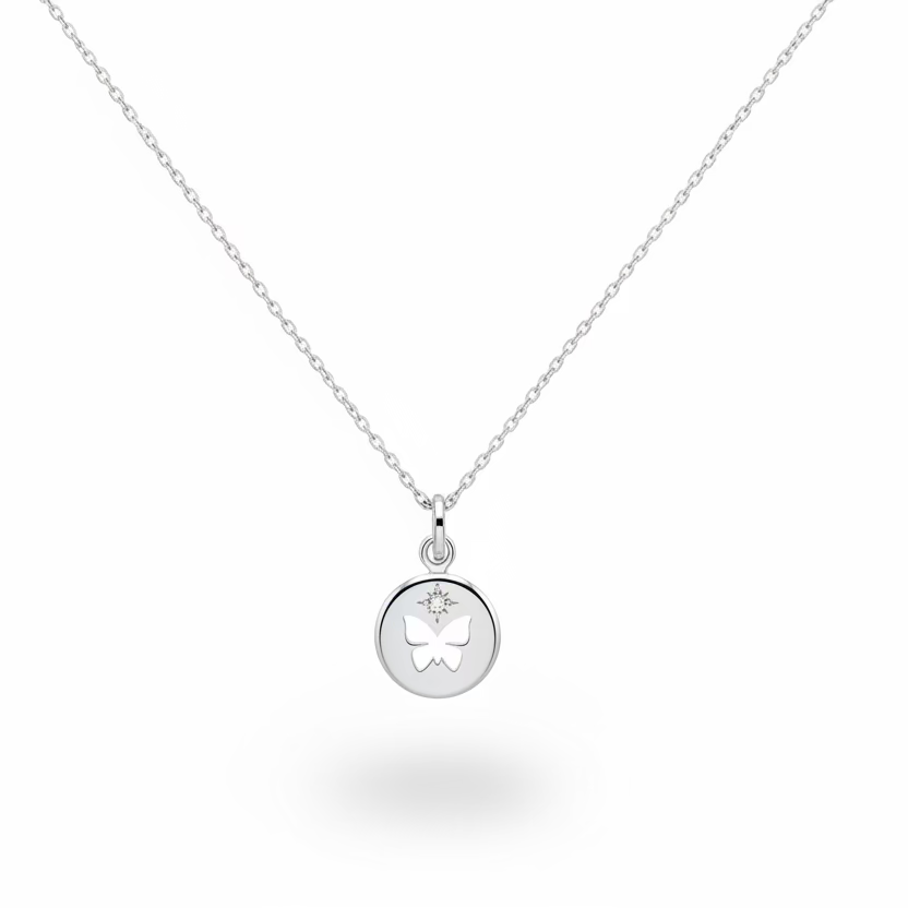 925 Sterling Silver Diamond Butterfly Disc Pendant Necklace