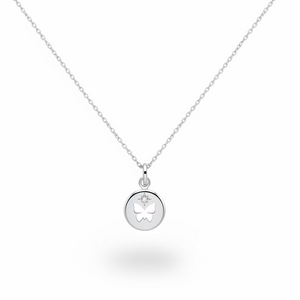 925 Sterling Silver Diamond Butterfly Disc Pendant Necklace