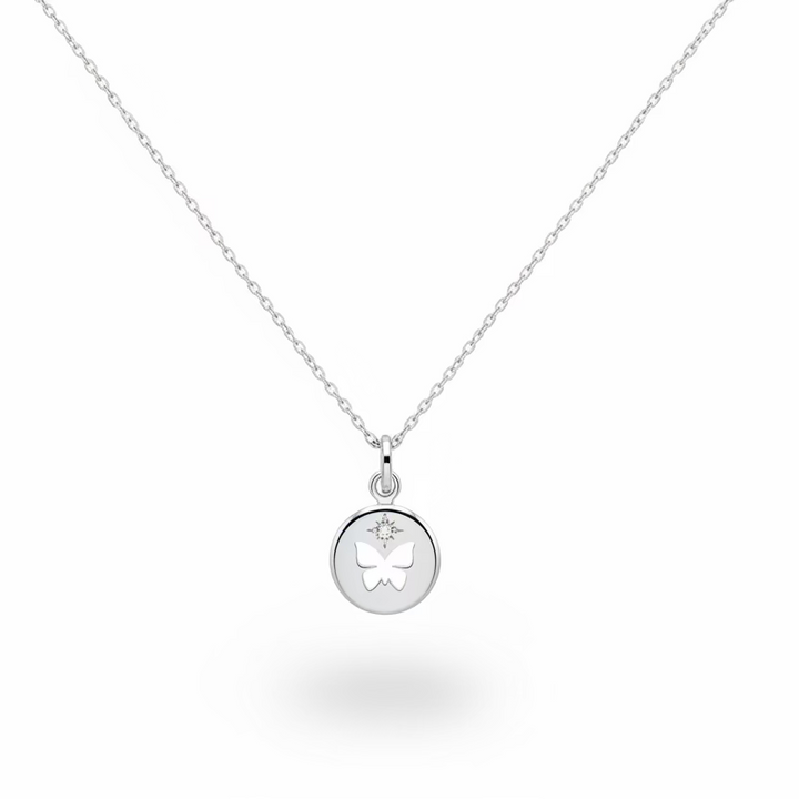 925 Sterling Silver Diamond Butterfly Disc Pendant Necklace