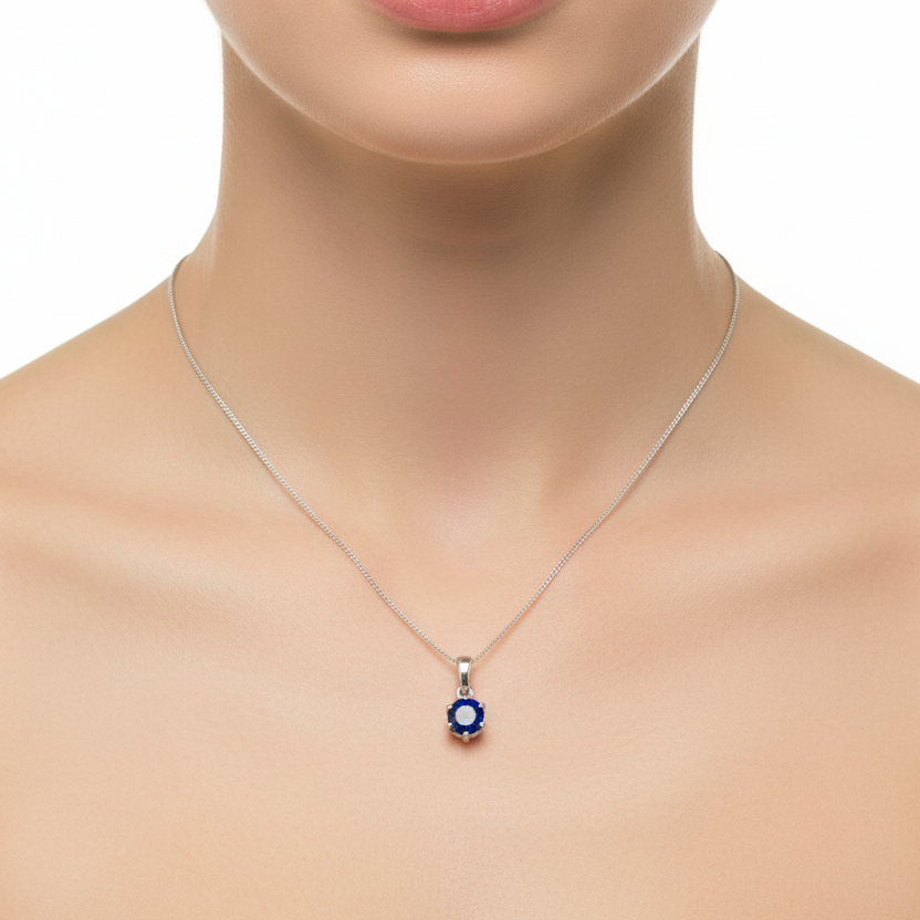 925 Sterling Silver Blue Cubic Zirconia Solitaire Pendant Necklace