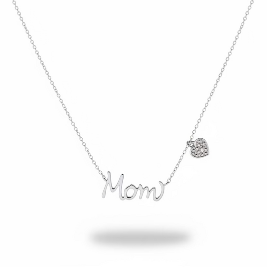 925 Sterling Silver Script “Mom” Necklace with Diamond Heart Charm