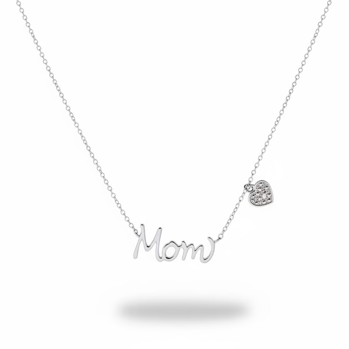 925 Sterling Silver Script “Mom” Necklace with Diamond Heart Charm