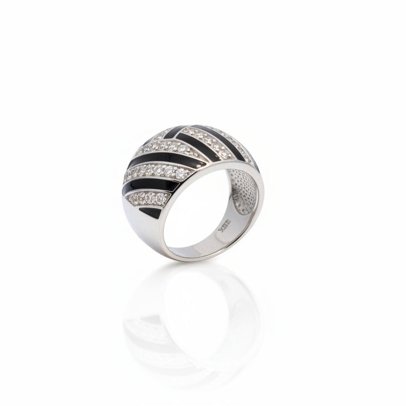 925 Sterling Silver Tone Dome Cocktail Ring with Black Enamel and CZ