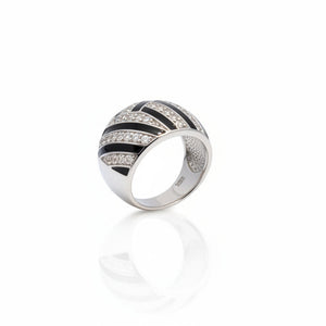 925 Sterling Silver Tone Dome Cocktail Ring with Black Enamel and CZ