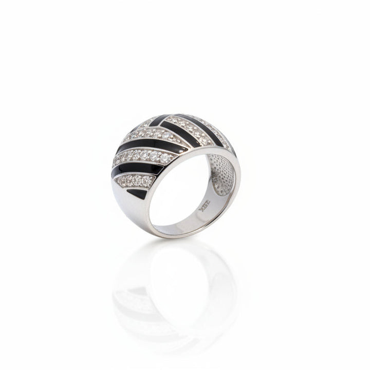 925 Sterling Silver Tone Dome Cocktail Ring with Black Enamel and CZ