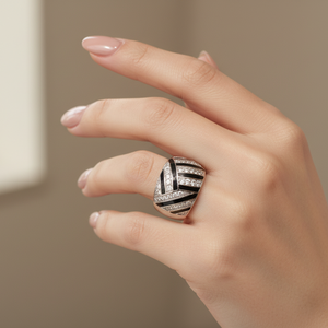 925 Sterling Silver Tone Dome Cocktail Ring with Black Enamel and CZ