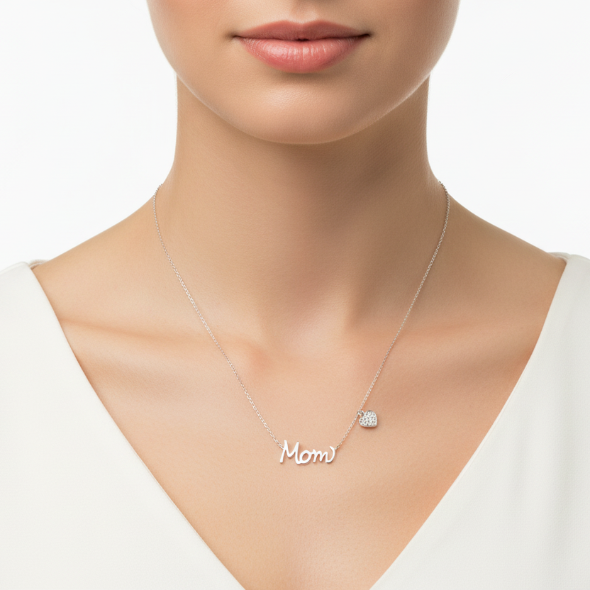 925 Sterling Silver Script “Mom” Necklace with Diamond Heart Charm