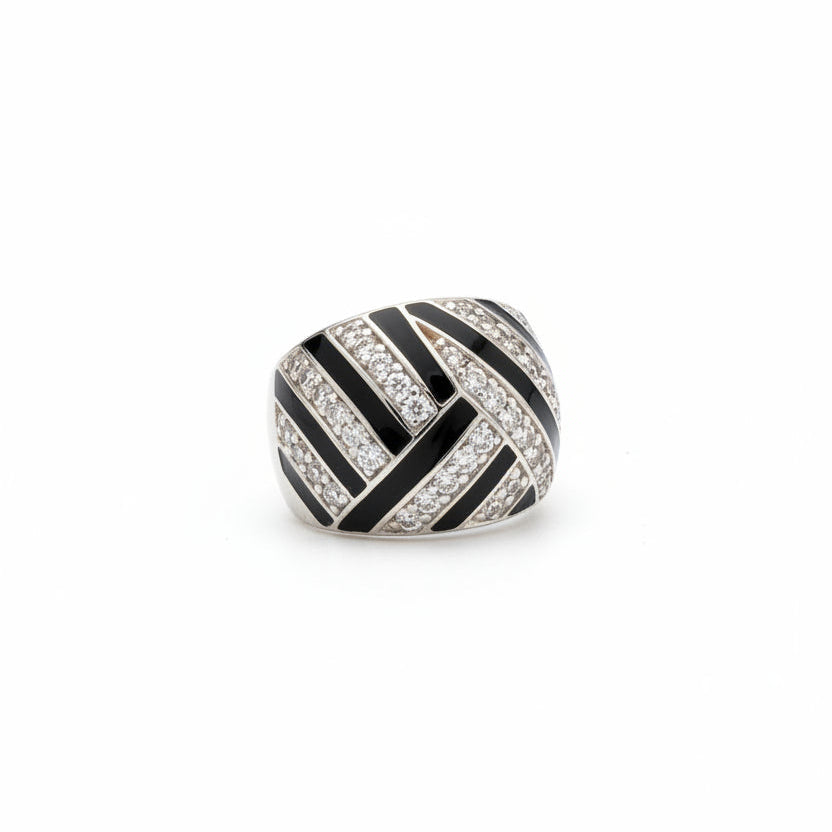 925 Sterling Silver Tone Dome Cocktail Ring with Black Enamel and CZ