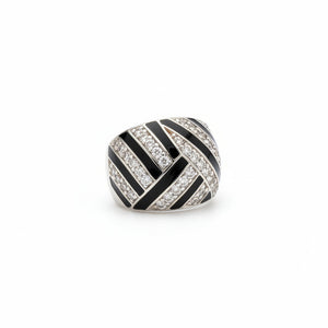 925 Sterling Silver Tone Dome Cocktail Ring with Black Enamel and CZ