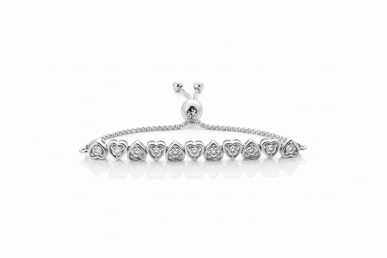 925 Sterling Silver Diamond Heart Bolo Bracelet
