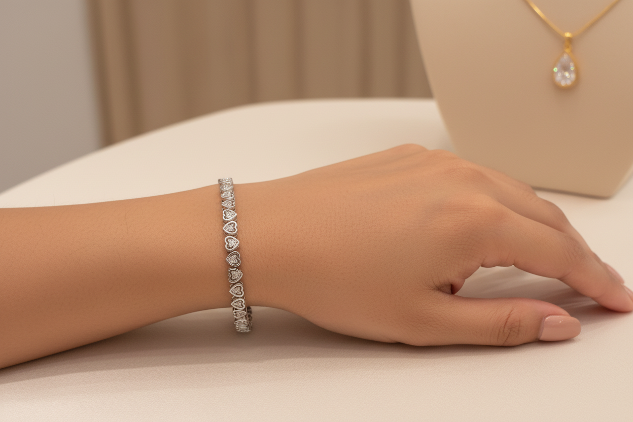925 Sterling Silver Diamond Heart Bolo Bracelet