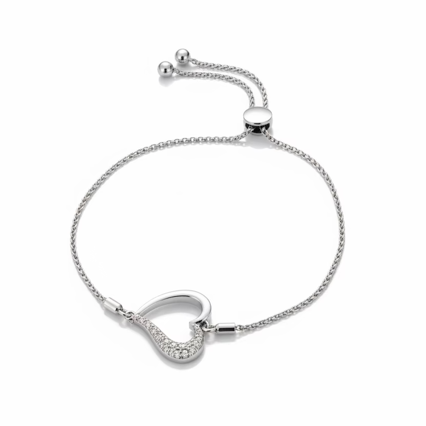 925 Sterling Silver Diamond Side-Accented Heart Bolo Bracelet