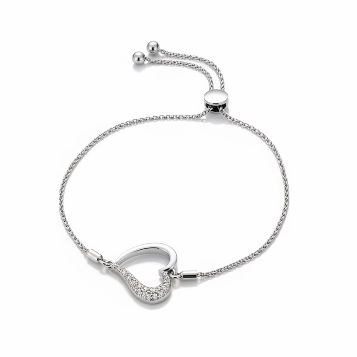 925 Sterling Silver Diamond Side-Accented Heart Bolo Bracelet