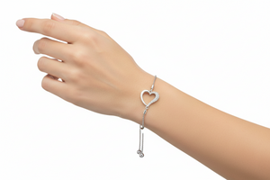 925 Sterling Silver Diamond Side-Accented Heart Bolo Bracelet