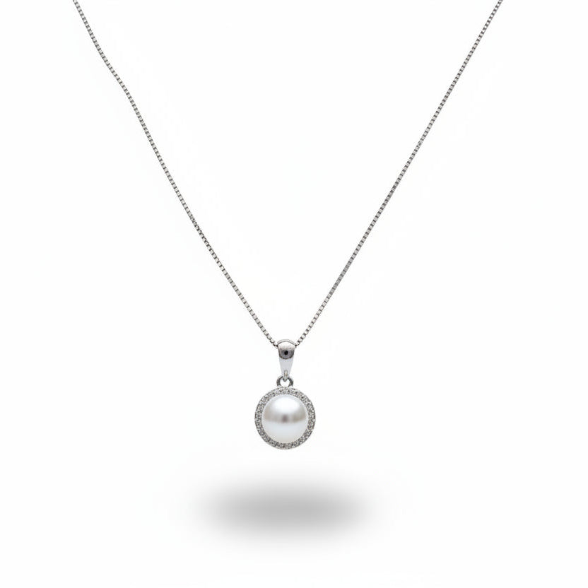 925 Sterling Silver Round Pearl CZ Halo Pendant Necklace
