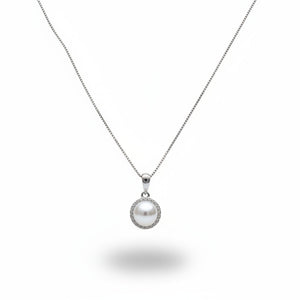 925 Sterling Silver Round Pearl CZ Halo Pendant Necklace