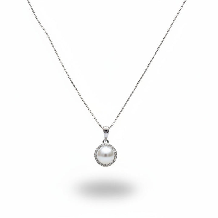 925 Sterling Silver Round Pearl CZ Halo Pendant Necklace