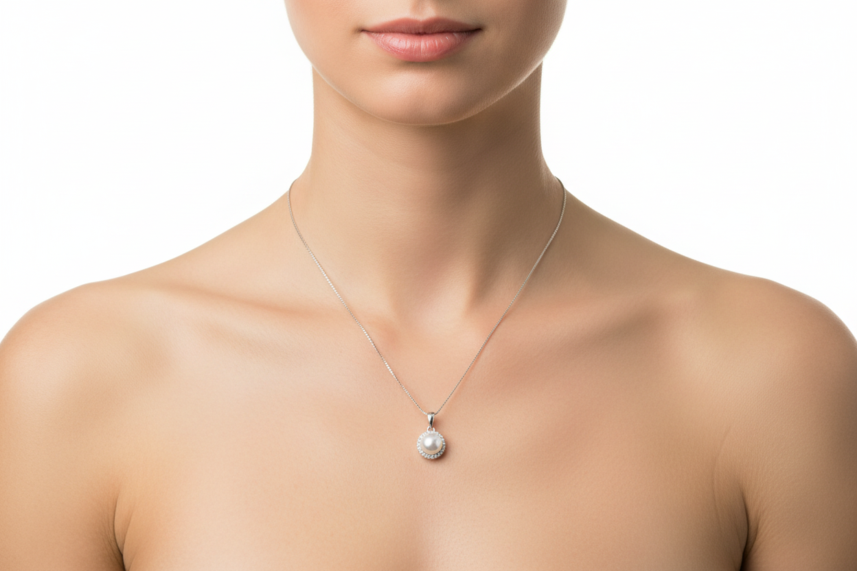 925 Sterling Silver Round Pearl CZ Halo Pendant Necklace