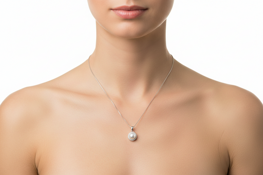925 Sterling Silver Round Pearl CZ Halo Pendant Necklace