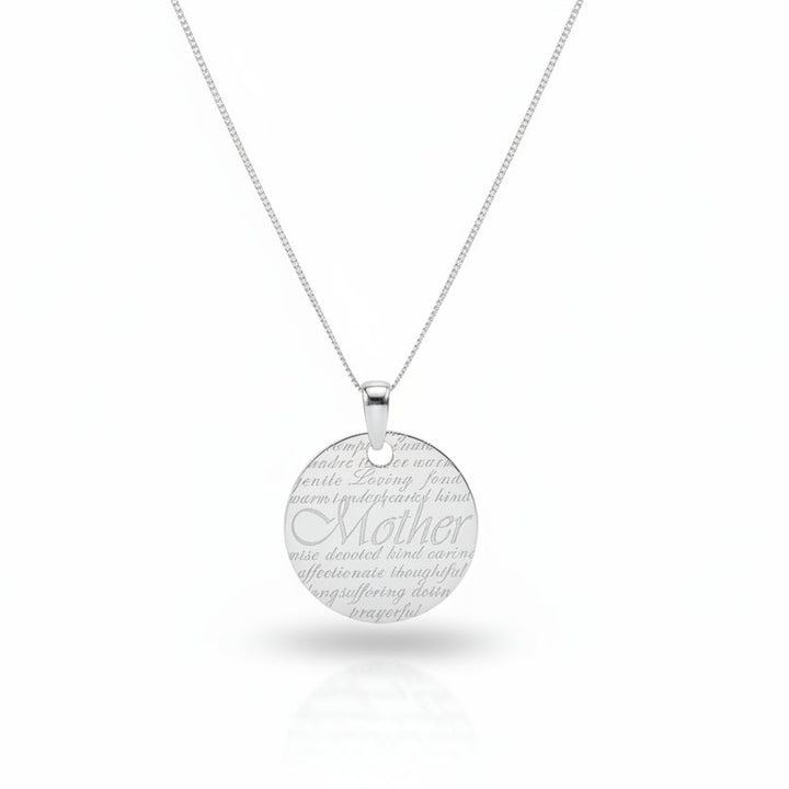 925 Sterling Silver Engraved ‘Mother’ Disc Pendant Necklace