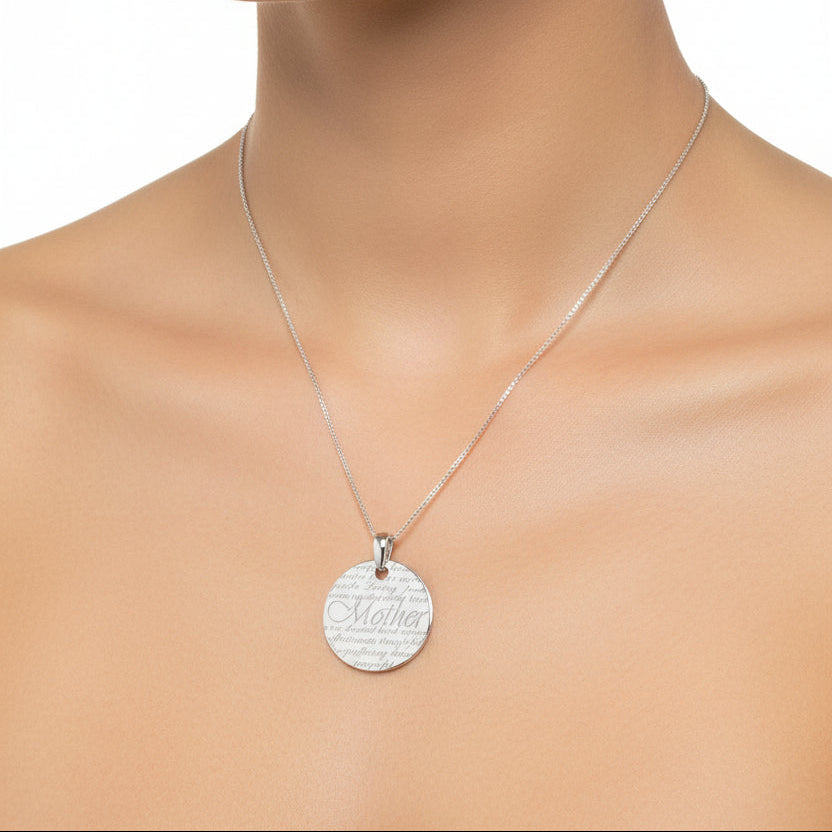 925 Sterling Silver Engraved ‘Mother’ Disc Pendant Necklace