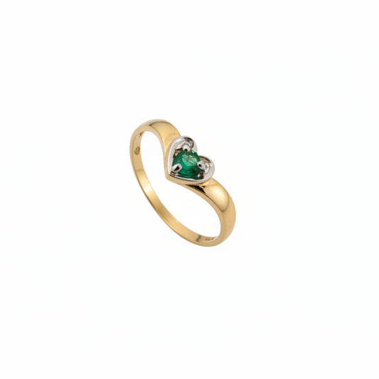 10k Yellow Gold Round Emerald Setting Heart Shaped Ring, E:0.07ct